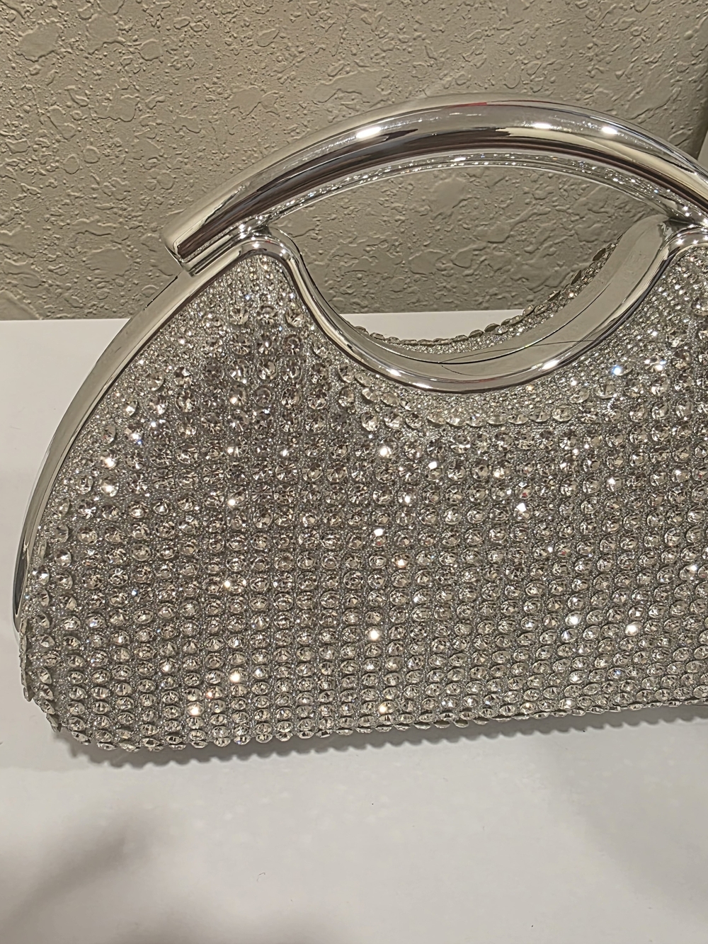 Rhinestone Silver Evening Clutch with Metallic Handle
